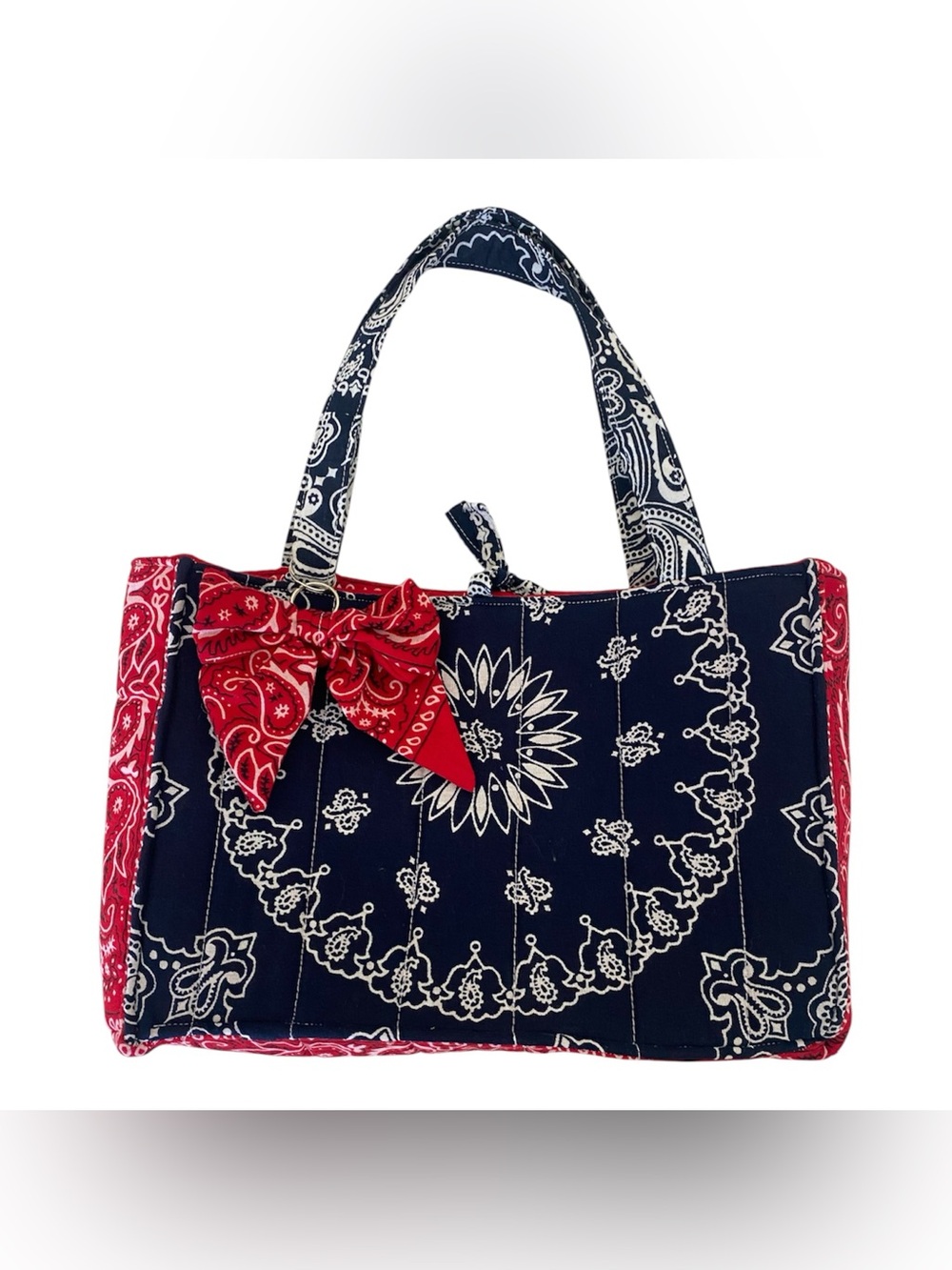 Handmade Navy, Red & White Bandana Print Quilted Mini Tote Bag with Bow Accent